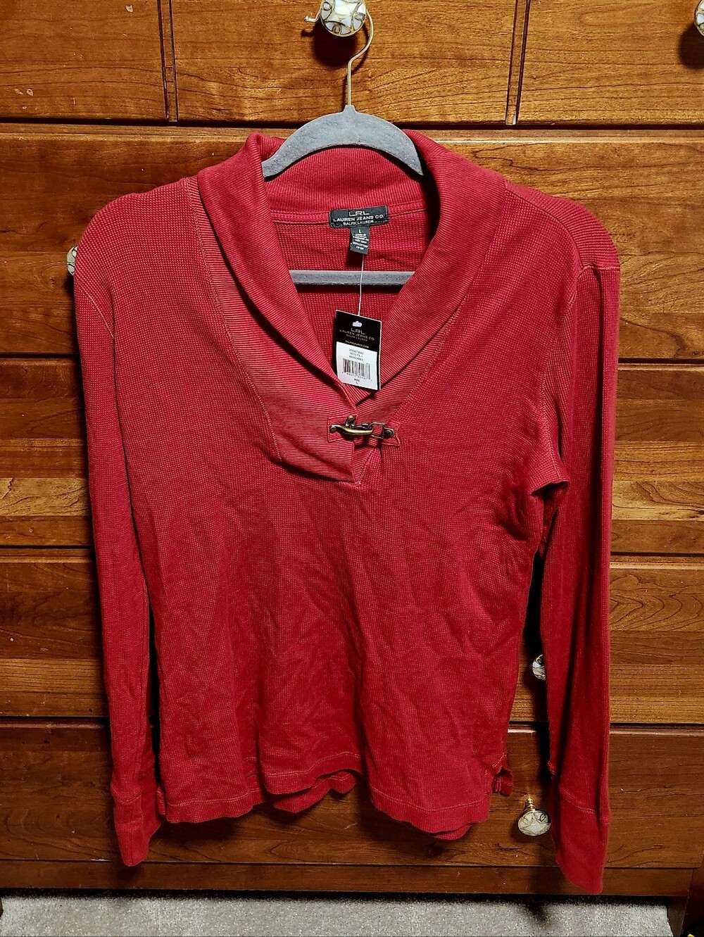 Lauren Ralph Lauren Red Long-Sleeve Thermal Top Shawl Collar and Toggle Size L